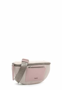 Sac banane beige clair et rose avec compartiment principal zippé, poche avant et sangle réglable avec marquage "TMRS".