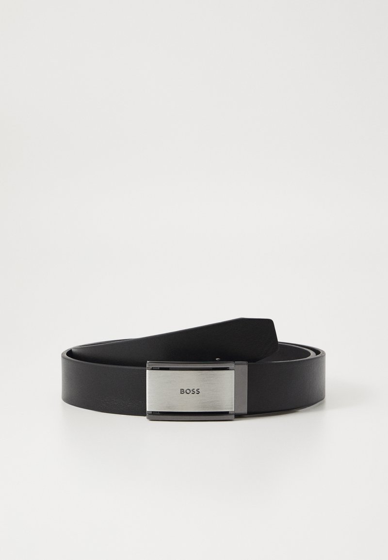 Black leather belt with a sleek, silver rectangular buckle featuring the brand name "BOSS." Smooth texture, minimal design.