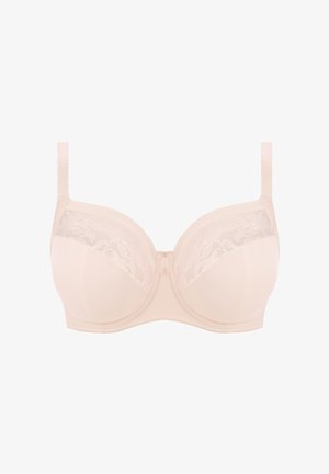 Beige underwire bra with lace panels, molded cups, and adjustable straps. Features a hook closure at the back and seamless sides.