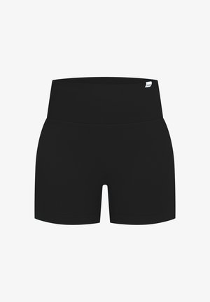 Pantalones cortos deportivos negros con una cinturilla ancha de canalé, que presentan una textura suave y sin patrones visibles ni detalles metálicos.