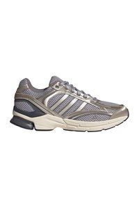 Gray and metallic running shoe with mesh upper, textured accents, laces, and cushioned sole, featuring distinct branding and design lines.