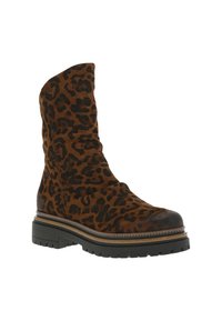 Botte mi-mollet en suède brun foncé à imprimé léopard, avec un bout rond, une semelle en caoutchouc noir épaisse et des surpiqûres accentuées.
