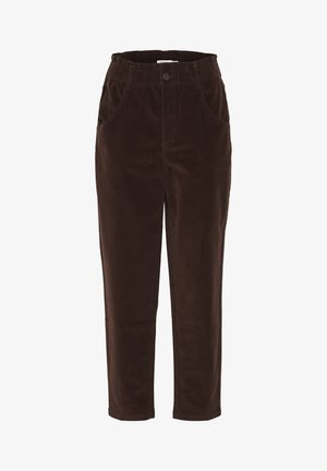 Braune Cord-Hosen mit elastischem Bund, zwei seitlichen Taschen und schmal zulaufendem Bein. Weiche Textur und warme Farbe.