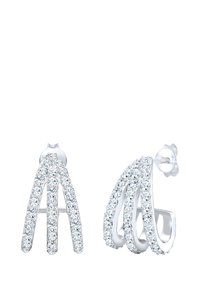Sølvfarvede øreringe med tre buede, sammenflettede bånd prydet med små, runde, klare rhinsten for glans og skær.