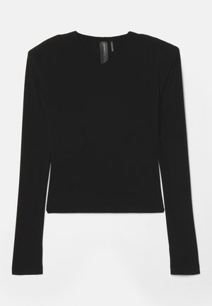 Top nera a maniche lunghe realizzato in tessuto elasticizzato, con scollo a V e design aderente, caratterizzato da una texture liscia e una lunghezza cropped.