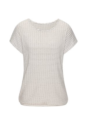 Top color crema con una vestibilità ampia, caratterizzato da un motivo testurizzato di strisce orizzontali blu scuro, maniche corte e scollatura rotonda.