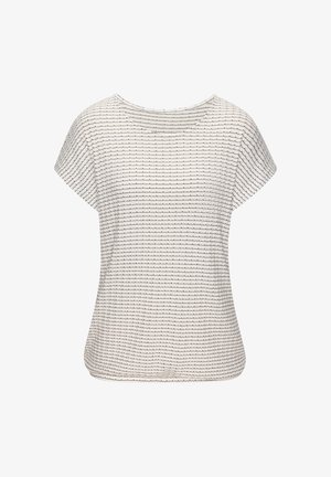 Crème-kleurig top met een losse pasvorm, voorzien van een gestructureerd patroon van horizontale strepen in donkerblauw, korte mouwen en een ronde halslijn.