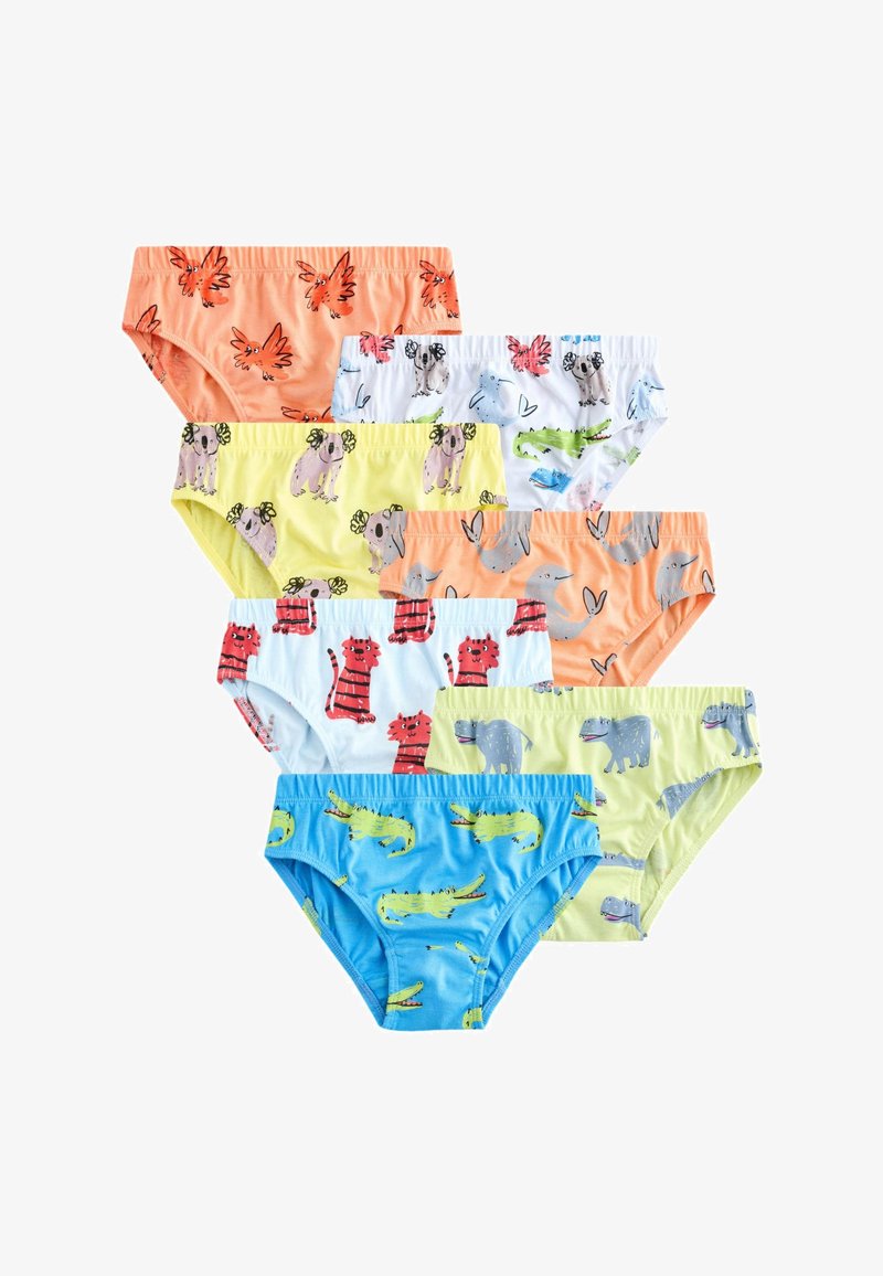 Sept paires de sous-vêtements pour enfants de différentes couleurs : orange, blanc, jaune, bleu clair et tons pastel, avec des motifs d'animaux.