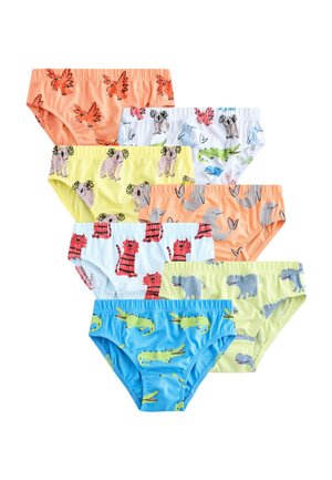 Sette paia di mutandine per bambini in vari colori: arancione, bianco, giallo, azzurro e tonalità pastello, con motivi di animali.