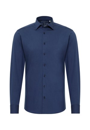 Donkerblauwe overhemd met lange mouwen, gemaakt van een gladde stof, met een klassieke kraag, knopen aan de voorkant en op maat gemaakte manchetten.