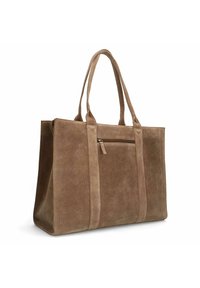 Tan fluwelen tote bag met twee stevige handvatten, rechthoekige vorm, voorzak met rits en een gladde textuur, met een minimalistisch ontwerp.