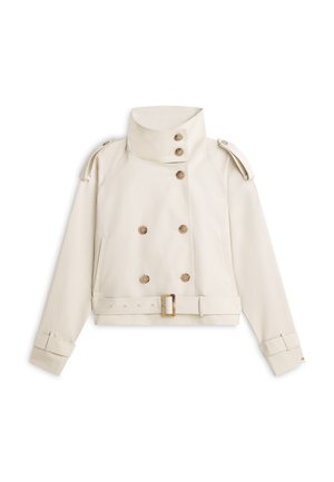 Κοντό, μπεζ trench παλτό με ψηλό γιακά, διπλό κούμπωμα, κουμπιά σε χρυσή απόχρωση και ζώνη στη μέση.