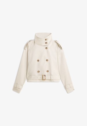 Veste trench courte de couleur crème avec un col haut, une double rangée de boutons, des boutons dorés et une taille ceinturée.