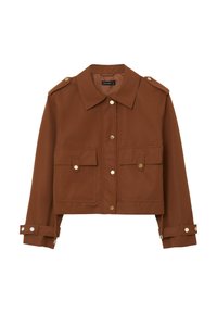 Giacca corta marrone con hardware dorato, spalline con bottone sulle spalle, tasche a pattina e un tessuto liscio e resistente.