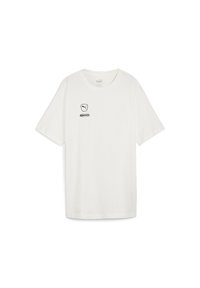 Camiseta blanca de algodón con cuello redondo, mangas cortas y un gráfico en negro que presenta una corona y texto en la parte delantera izquierda.