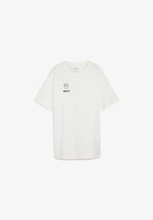 White cotton t-shirt with a crew neck, short sleeves, and a black logo graphic featuring a crown and text on the front left.