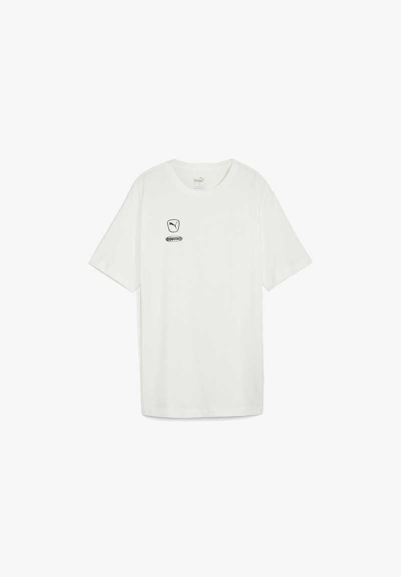 White cotton t-shirt with a crew neck, short sleeves, and a black logo graphic featuring a crown and text on the front left.