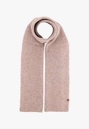 Beige gebreide sjaal met een geribbelde textuur, voorzien van kleurvlekken en een klein leren label aan een uiteinde. De lengte wikkelt makkelijk om.