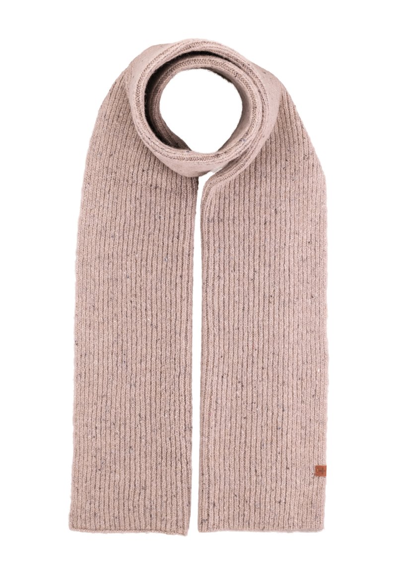 Beige gestrickter Schal mit geripptem Muster, das farbige Sprenkel aufweist und an einem Ende ein kleines Lederetikett hat. Die Länge lässt sich bequem wickeln.