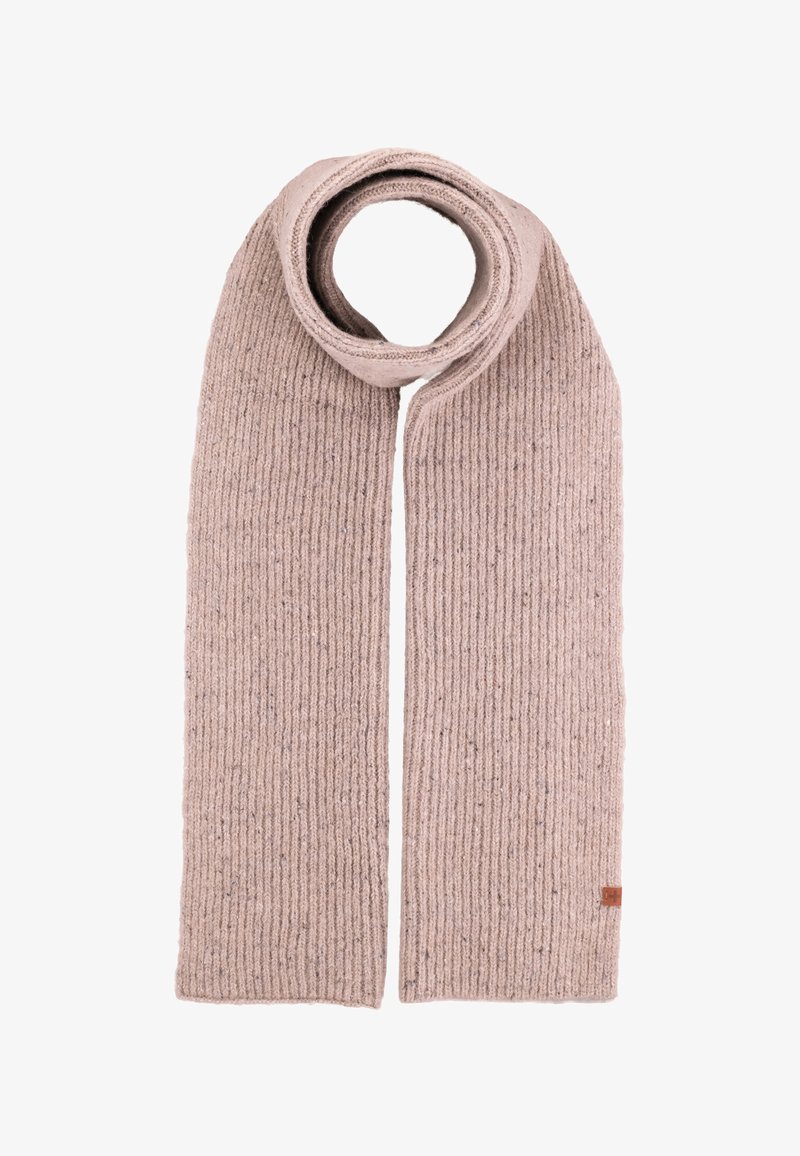 Beige gestrickter Schal mit geripptem Muster, das farbige Sprenkel aufweist und an einem Ende ein kleines Lederetikett hat. Die Länge lässt sich bequem wickeln.