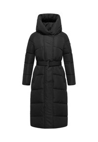 Black puffer coat with a wide hood, long sleeves, belted waist, and quilted design featuring horizontal and vertical panels.