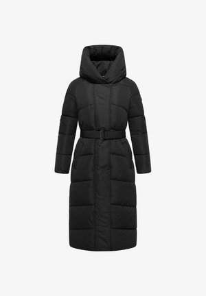 Black puffer coat with a wide hood, long sleeves, belted waist, and quilted design featuring horizontal and vertical panels.