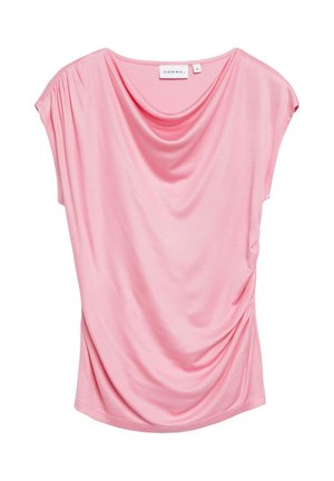Miękka różowa bluzka z krótkim rękawem, z drapowanym dekoltem i marszczeniem po bokach, rozmiar 36, marka Comma.