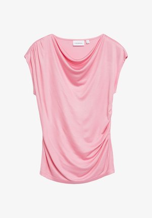 Miękka różowa bluzka z krótkim rękawem, z drapowanym dekoltem i marszczeniem po bokach, rozmiar 36, marka Comma.