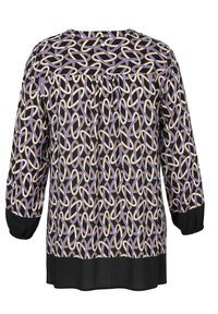 Patroonblouse in lichte stof, met een multicolore interlock-lussenontwerp op een zwarte achtergrond, met pofmouwen en een rechte zoom.