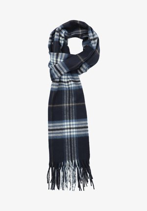 Granatowo-niebieski szalik w kratę z miękkiego materiału, z białymi i jasnoniebieskimi paskami, wykończony frędzlami, średnia szerokość.