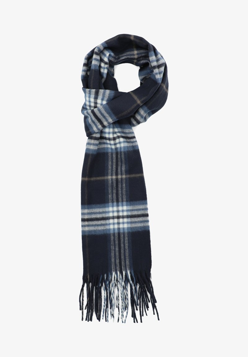 Granatowo-niebieski szalik w kratę z miękkiego materiału, z białymi i jasnoniebieskimi paskami, wykończony frędzlami, średnia szerokość.