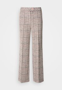 Trousers made of textured fabric in a pink, white, and black plaid pattern. Features a high waistband and a single button closure.