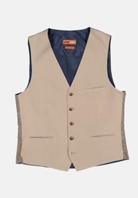 Beige Weste mit schmalem Schnitt, ausgestattet mit fünf Knöpfen vorne, zwei Seitentaschen und einem marineblauen Satinfutter. Glatte Textur und maßgeschneiderte Form.