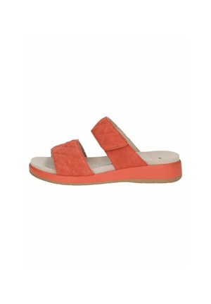Sandalo da donna in suede arancione, con due ampie fasce e texture trapuntata, e soletta imbottita beige. Presenta una suola piatta leggera e bassa.