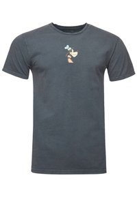 Donkergrijze katoenen T-shirt met een kleine, meerkleurige Goofy-afbeelding op de borst. Korte mouwen en een ronde hals.