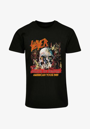 Schwarzes T-Shirt mit einem Schädelmotiv, "SLAYER" in Gelb und "SOUTH OF HEAVEN AMERICAN TOUR 1989" in rotem und gelbem Text, mit filigranen Details.