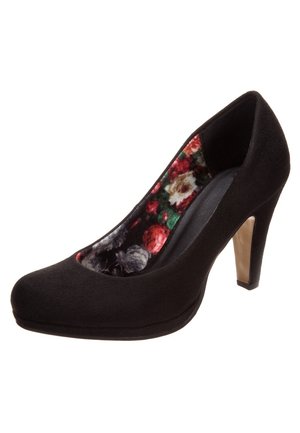 Schwarze Wildleder-Pumps mit geschlossenem Zehenbereich und floralen Mustern im Innenfutter, mit schlankem Absatz in beiger Farbe.