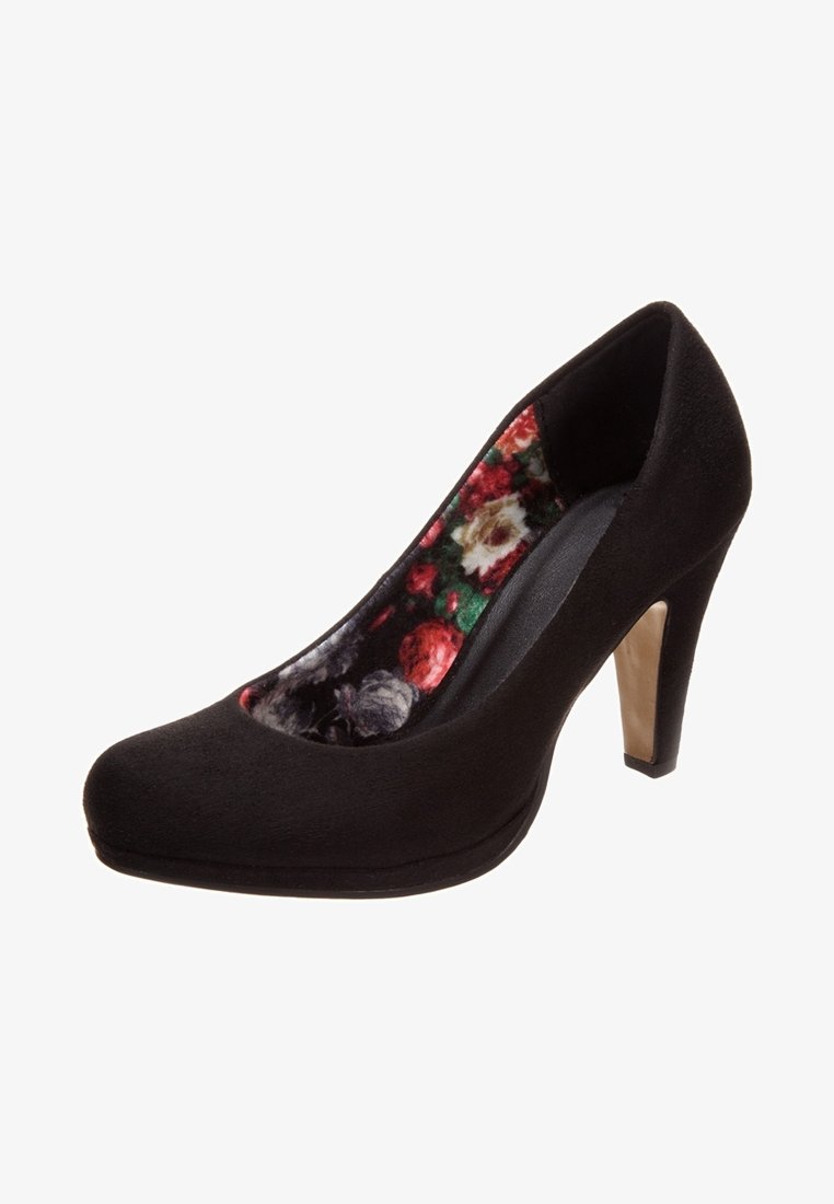 Chaussure en suède noir à talon haut, avec bout fermé et doublure intérieure à motifs floraux, comportant un talon fin de ton beige.
