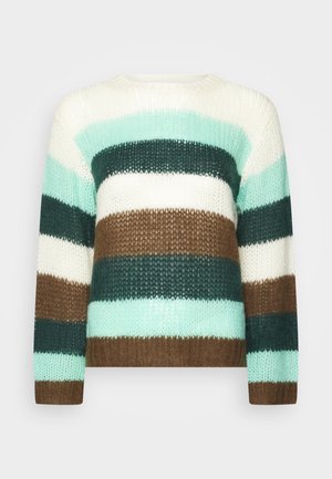 Gestrickter Rundhalsausschnitt-Pullover mit horizontalen Streifen in Weiß, Türkis, Braun und Dunkelgrün, mit langen Ärmeln und strukturierter Wolle.