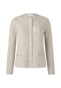 Hellbeige Cardigan aus strukturiertem Strickstoff. Mit Rundhalsausschnitt, Knopfleiste und zwei vorderen Taschen mit blauen Akzenten.