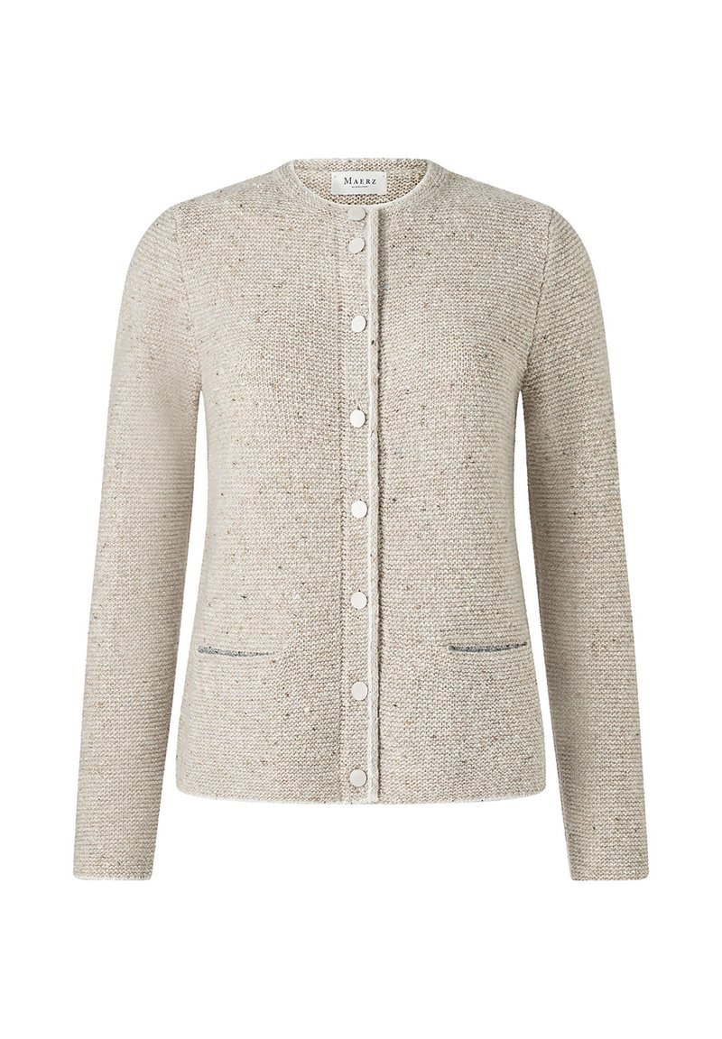 Hellbeige Cardigan aus strukturiertem Strickstoff. Mit Rundhalsausschnitt, Knopfleiste und zwei vorderen Taschen mit blauen Akzenten.