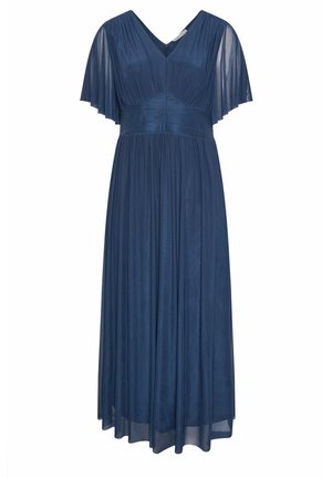 Marineblaues langes Kleid mit plissiertem Oberteil, breitem Taillenbund, durchscheinenden, flatternden Ärmeln und fließendem Rock.