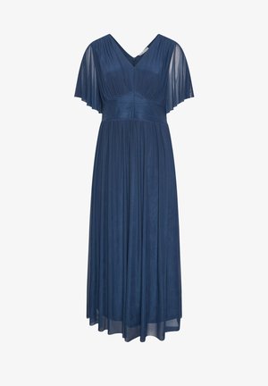 Marineblaues langes Kleid mit plissiertem Oberteil, breitem Taillenbund, durchscheinenden, flatternden Ärmeln und fließendem Rock.