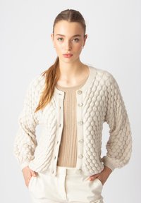 Biserna pletena kardigan s teksturiranim mjehurićima, okruglim izrezom i velikim gumbima. Nošen preko bež rastezljivog topa s dugim, napuhanim rukavima.