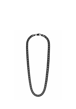 Schwarze Metallkette mit dicken, ineinandergreifenden Gliedern und einem Verschluss oben, auf schlichtem weißen Hintergrund dargestellt.