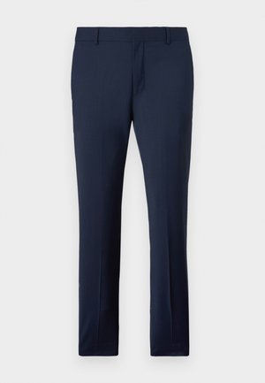 Pantalones de sastre en navy, confeccionados con una tela suave. Cuentan con un diseño de frente plano, bolsillos laterales y un corte ajustado sin patrones visibles.