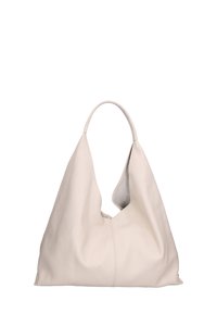 Grande borsa in pelle crema con design morbido, manico rotondo singolo e apertura unica grazie al bordo pieghevole.