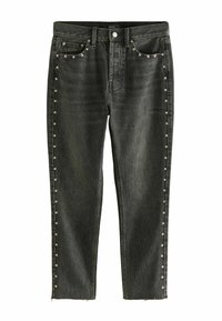 Sorte denim jeans med sølvnitter langs de ydre sømme, cropped længde og rå kant. Standard fem-lomme design med knaplukning.