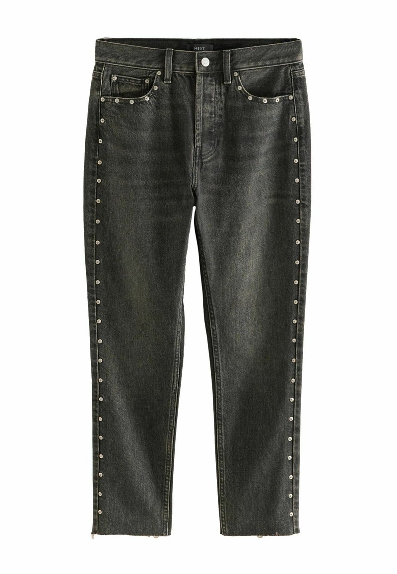 Sorte denim jeans med sølvnitter langs de ydre sømme, cropped længde og rå kant. Standard fem-lomme design med knaplukning.