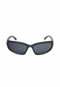 Schwarze Kunststoffsonnenbrille mit elegantem Design, gewölbten Gläsern und dunklem getöntem Glas. Leicht, mit glatter Oberfläche und flexiblen Bügeln.